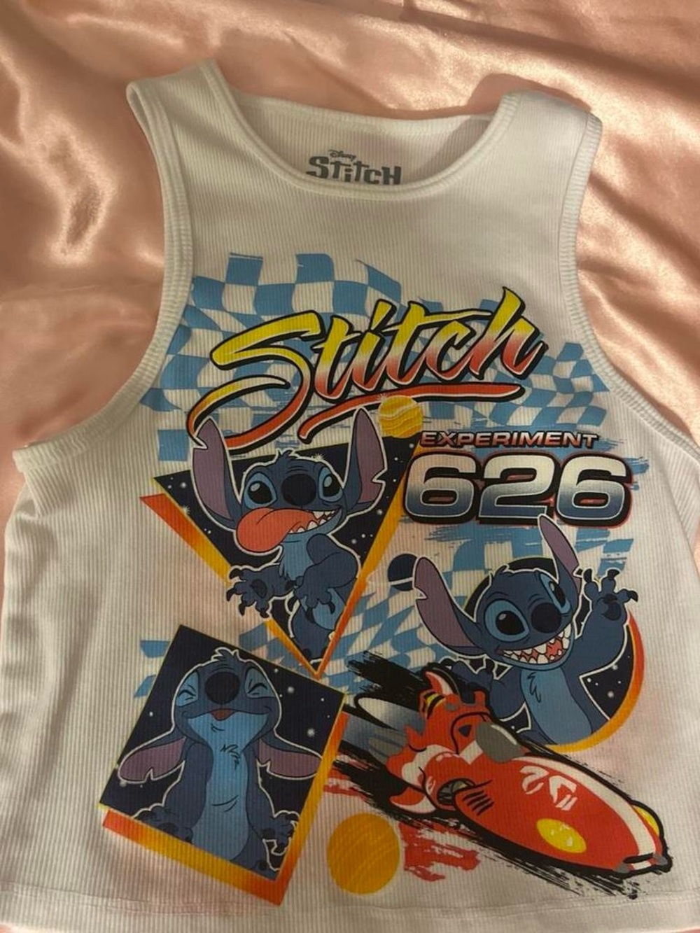 Disney White Tank Top with Blue Stitch Graphics and Orange Accents